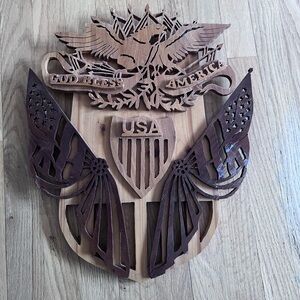 Solid WOOD 15"x18" Patriotic Wooden Wall Decor with Eagle Design GOD BLESS GUC